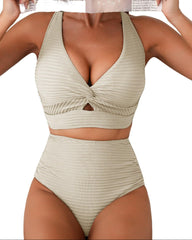 Textured Bikini Set with Twist Front Top & High-Waisted Bottoms
