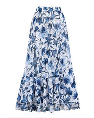 V Neck Blue Print One-Piece Swimsuit and Matching Cover Skirt Set Summer Swimdress