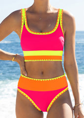 Color Contrast Patchwork Nylon Sporty 3 Piece Bikini Sets