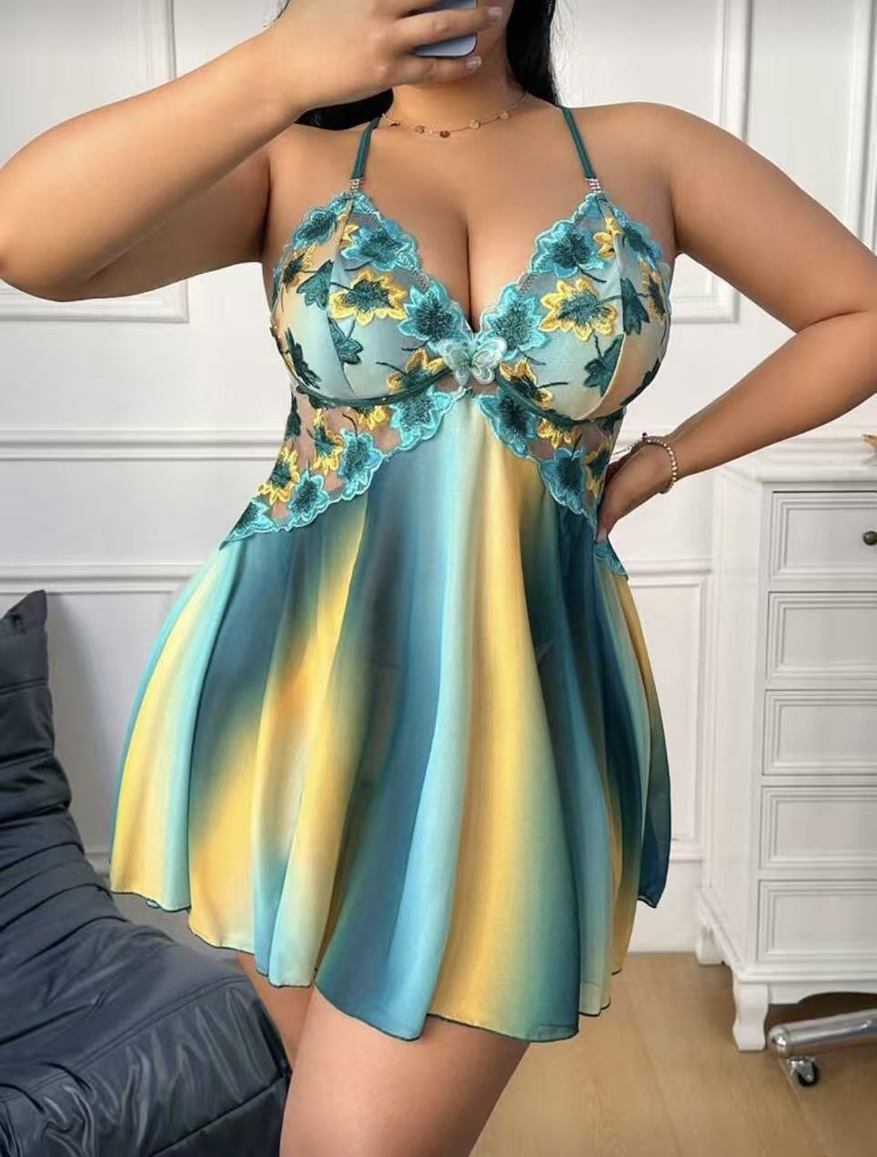 Rainbow Ombre Floral Lace Sleep Dress