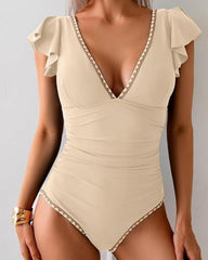 Women's V-neck one-piece ruffled tummy control swimsuit