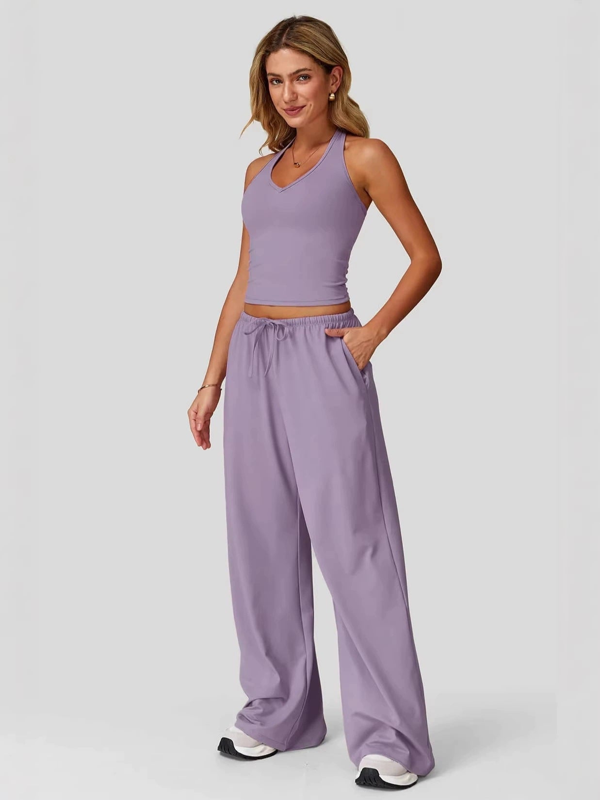 Women's Summer V Neck Top & Wide Leg Pants Set