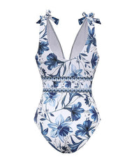 V Neck Blue Print One-Piece Swimsuit and Matching Cover Skirt Set Summer Swimdress