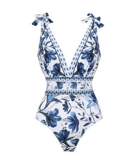 V Neck Blue Print One-Piece Swimsuit and Matching Cover Skirt Set Summer Swimdress