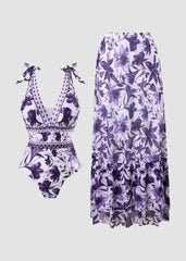 V Neck Blue Print One-Piece Swimsuit and Matching Cover Skirt Set Summer Swimdress
