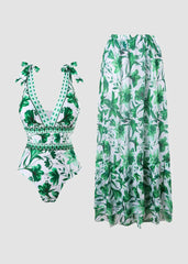 V Neck Blue Print One-Piece Swimsuit and Matching Cover Skirt Set Summer Swimdress