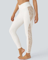 Stylish High Waisted Crossover Contrast Lace Panel Yoga Leggings