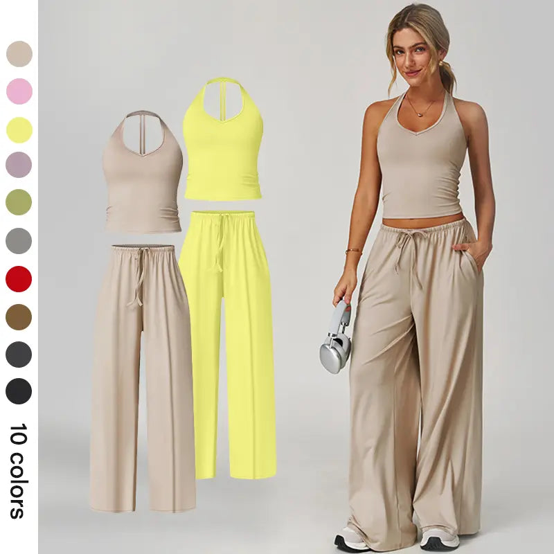 Women's Summer V Neck Top & Wide Leg Pants Set