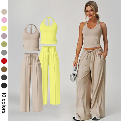 Women's Summer V Neck Top & Wide Leg Pants Set