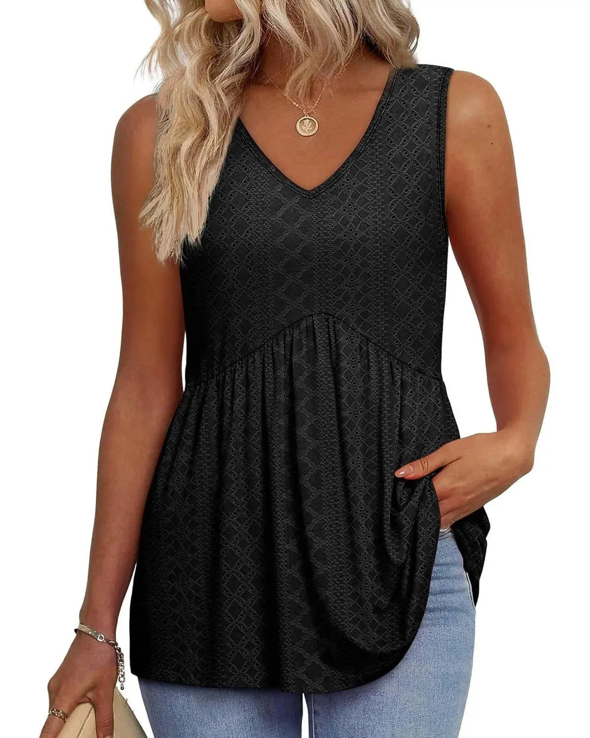 Women's V-Neck Babydoll Tank Tops - Flowy Sleeveless Summer Blouse