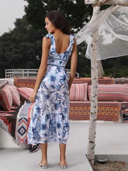 V Neck Lace Up Strip Plant Prints One Piece Swimsuit and Skirt/Sarong