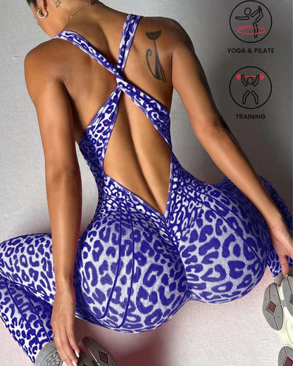 Curvy Seamless Leopard Print Backless Yoga Jumpsuit