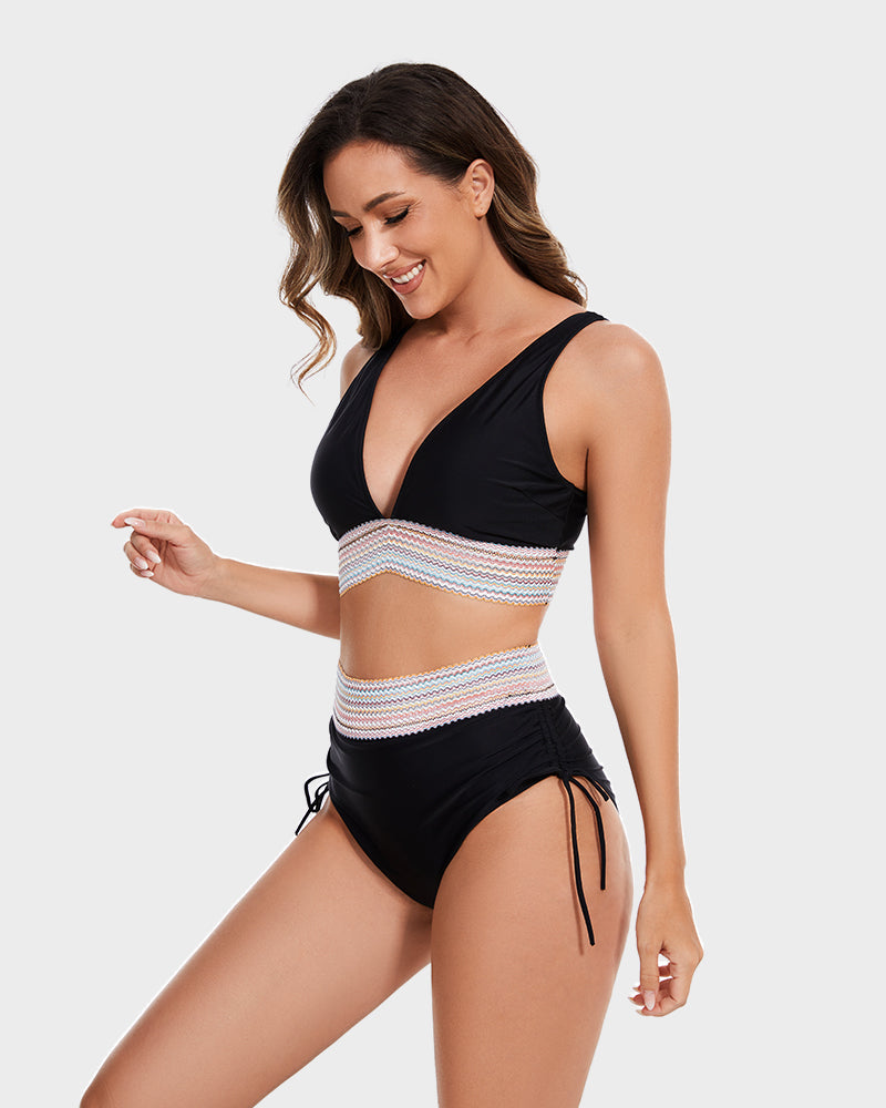 2026 High Waisted Tummy Control Color Block Bikini Sets