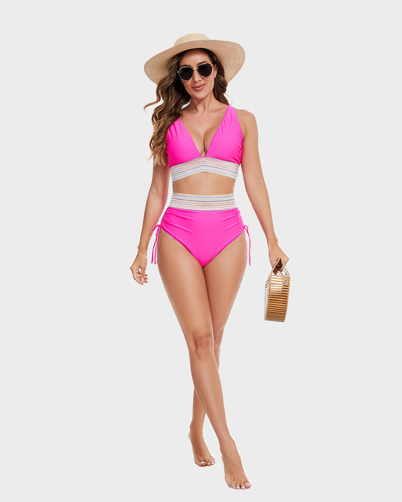 2026 High Waisted Tummy Control Color Block Bikini Sets