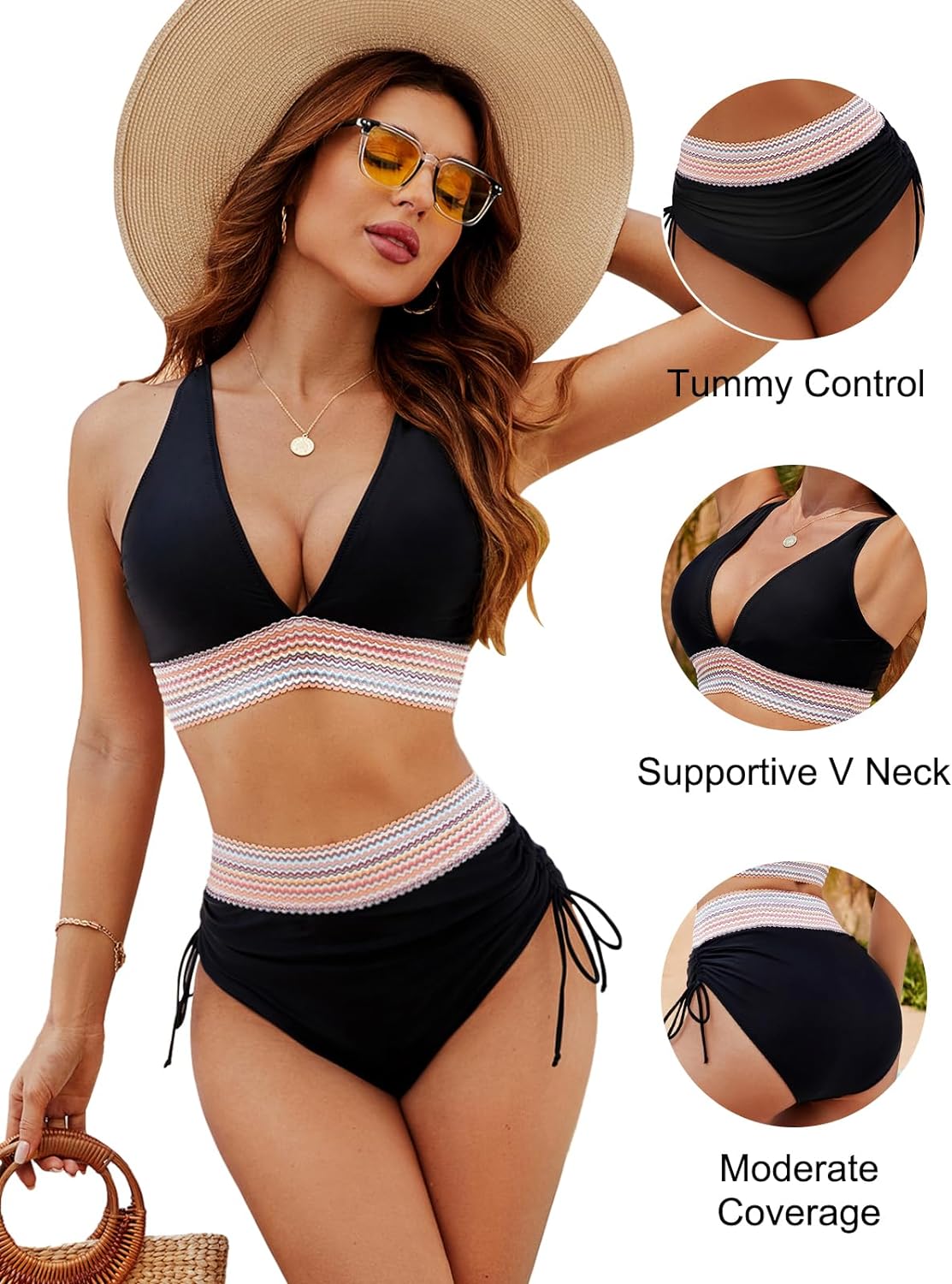 2026 High Waisted Tummy Control Color Block Bikini Sets