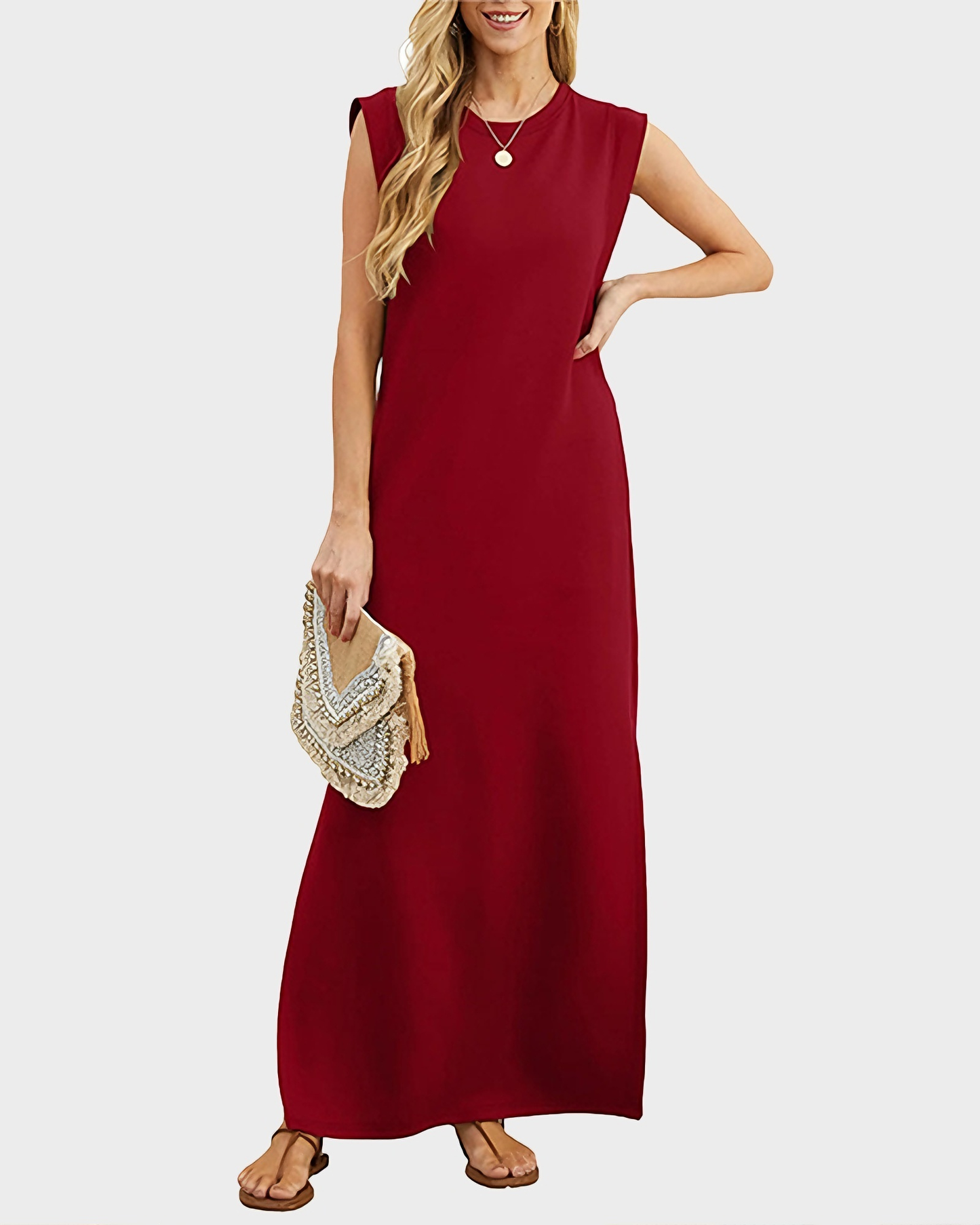 Women's Wrinkle Free Maxi Dress Loose Round Neck Split with Pockets