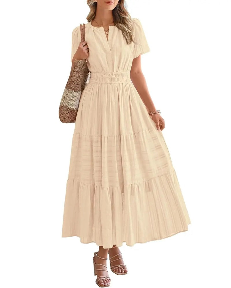 Women's Casual Boho Maxi Dress V Neck Short Sleeve with Pockets