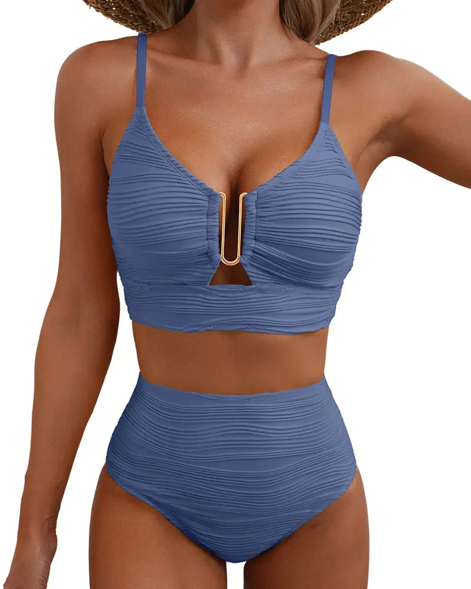 Textured U-Wire Cutout High-Waisted Bikini Set