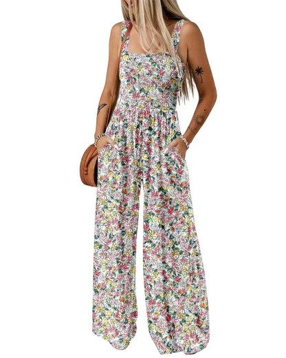 Bohemian Sleeveless Wide Leg Jumpsuit With Pockets