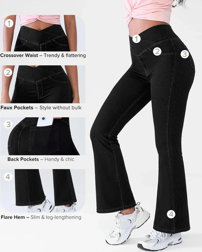 Curvy Fit High Waist Crossover Flare Denim Jeans - Illusion Pocket Stretch