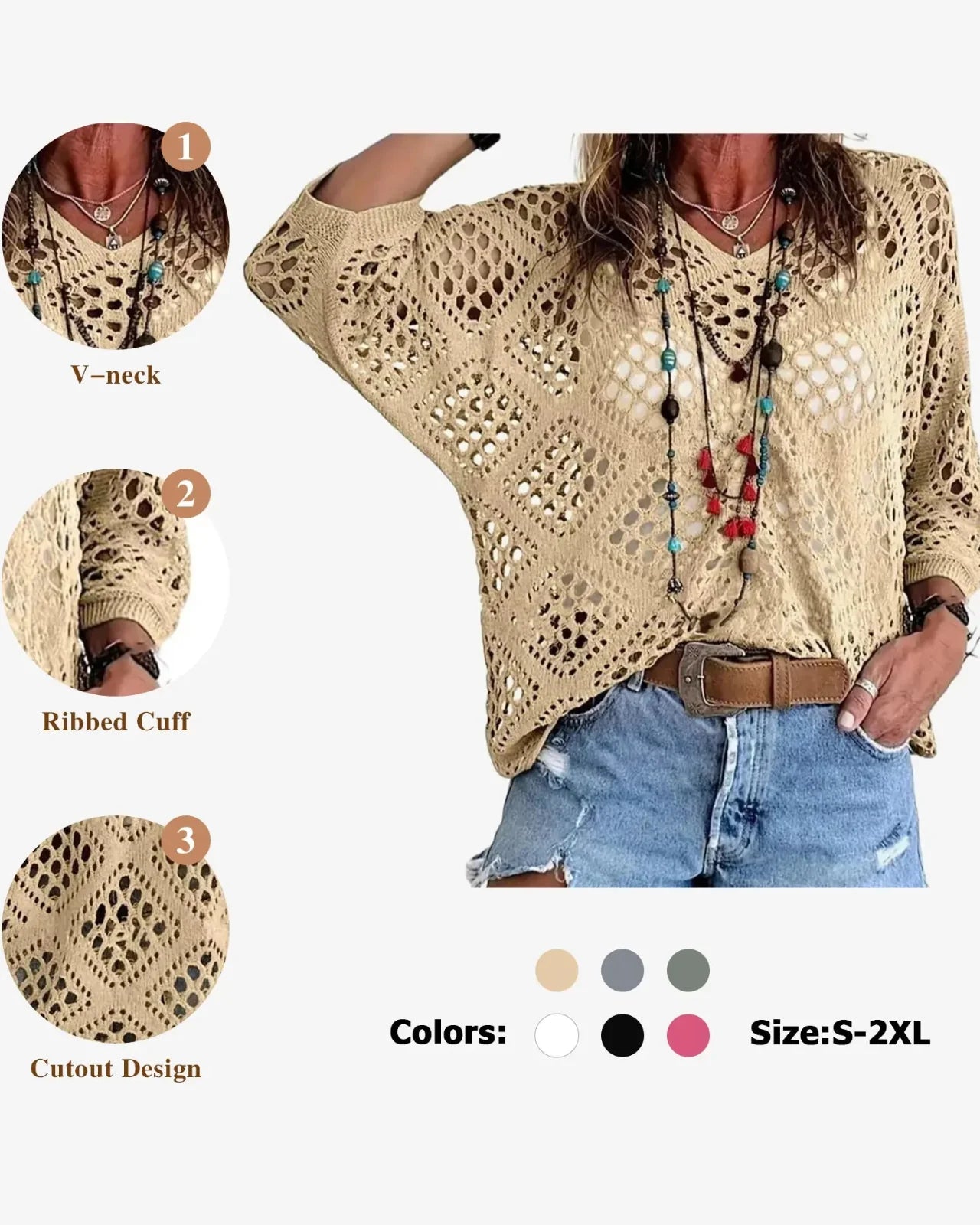 Women's Bohemian-Inspired Beige Crochet Top with V-Neck