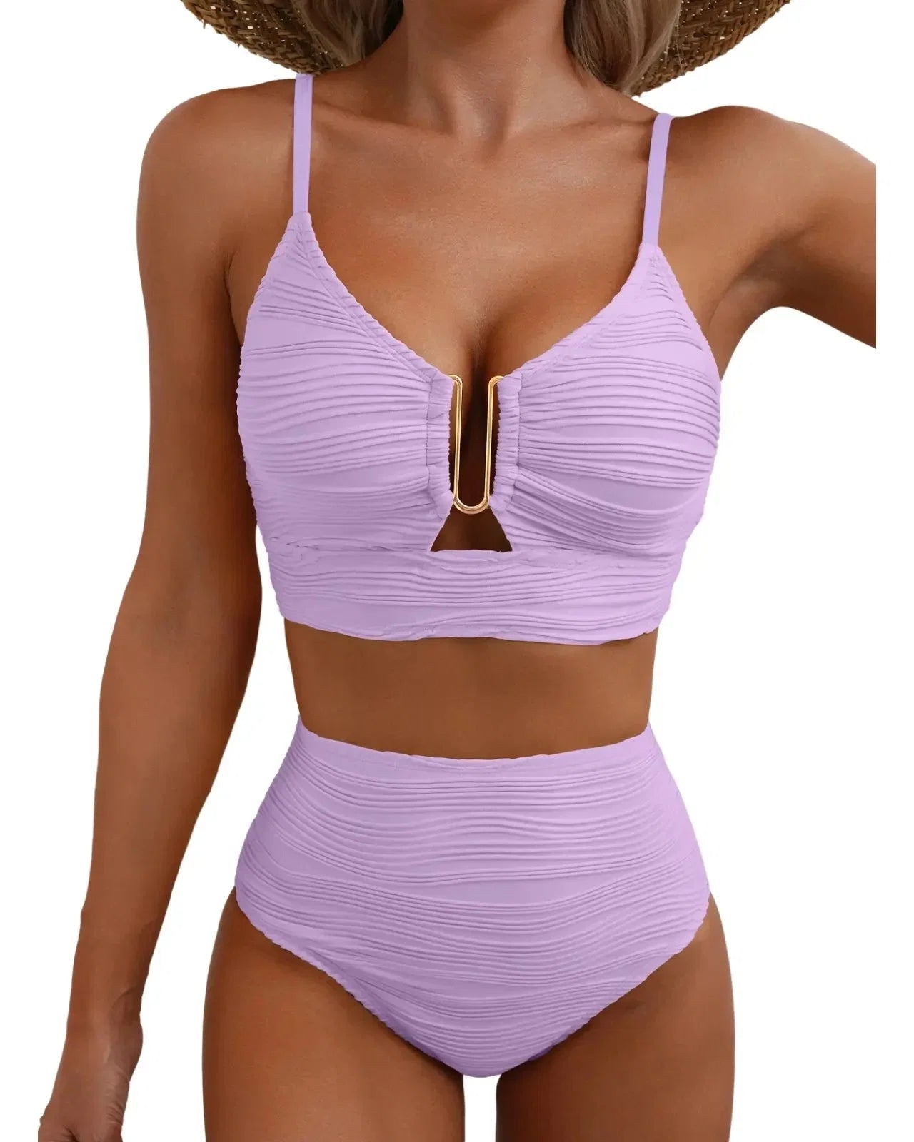 Textured U-Wire Cutout High-Waisted Bikini Set