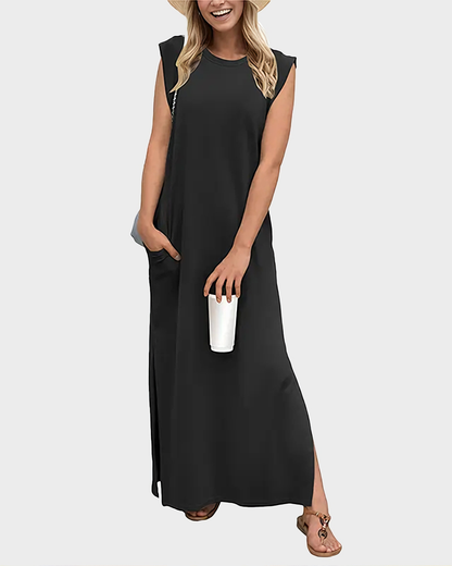 Women's Wrinkle Free Maxi Dress Loose Round Neck Split with Pockets