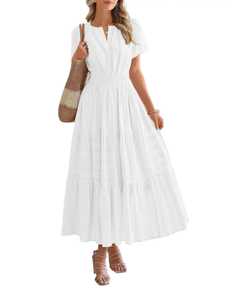 Women's Casual Boho Maxi Dress V Neck Short Sleeve with Pockets