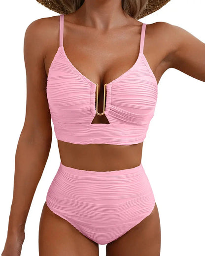 Textured U-Wire Cutout High-Waisted Bikini Set