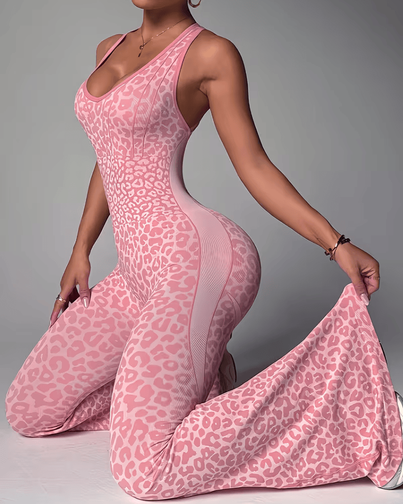 Curvy Seamless Leopard Print Backless Yoga Jumpsuit