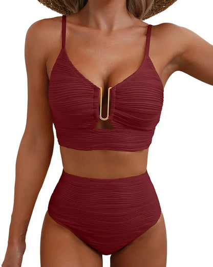 Textured U-Wire Cutout High-Waisted Bikini Set