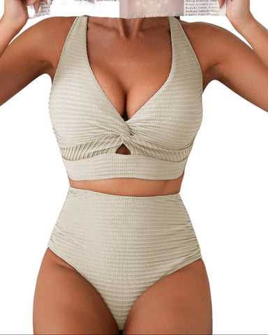 Textured Bikini Set with Twist Front Top & High-Waisted Bottoms