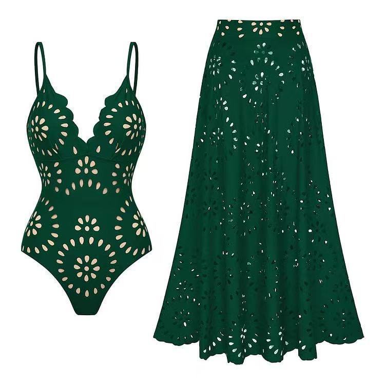 Flower Hollow One Piece Swimsuit and Skirt