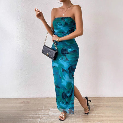 Mesh Floral Pleated Sexy Tight Split Strapless Tube-length Dress