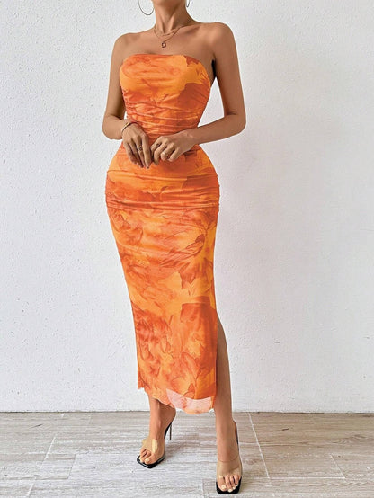 Mesh Floral Pleated Sexy Tight Split Strapless Tube-length Dress