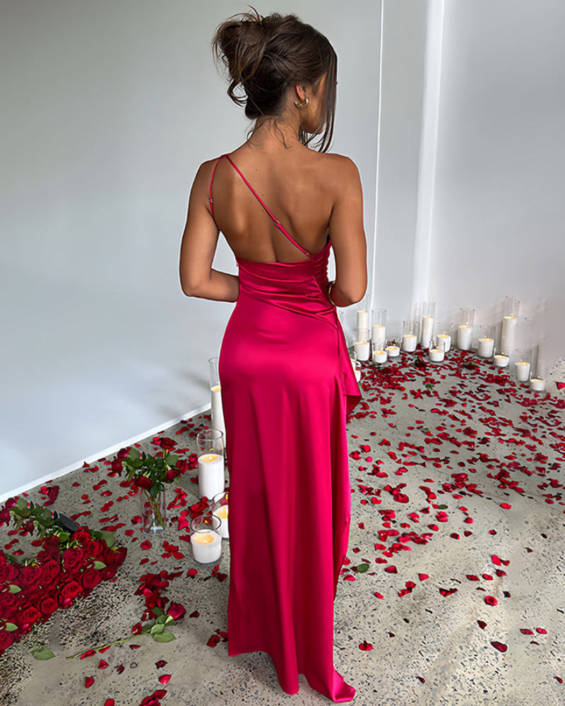 Women's Sexy One Shoulder Satin High Split Cocktail Fit Wedding Party Maxi Formal Dress