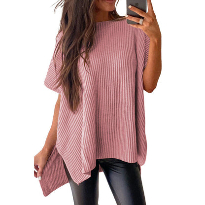Women's Summer Solid Wool Pullover - Round Neck, Loose Short-Sleeve
