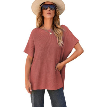 Women's Summer Solid Wool Pullover - Round Neck, Loose Short-Sleeve