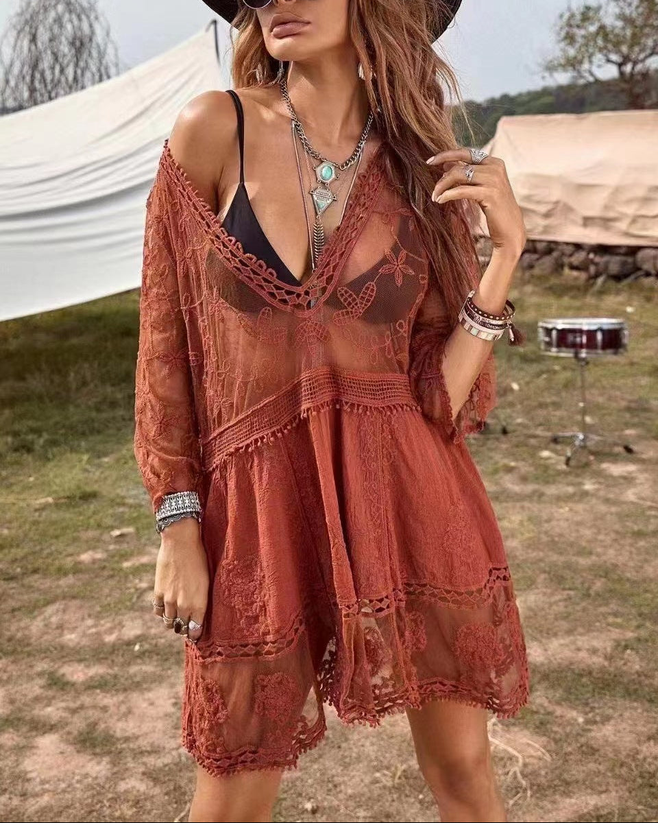 Boho Lace Beach Cover-Up Dress – V-Neck Sheer Swim Cover