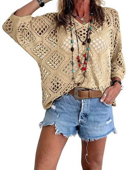 Women's Bohemian-Inspired Beige Crochet Top with V-Neck