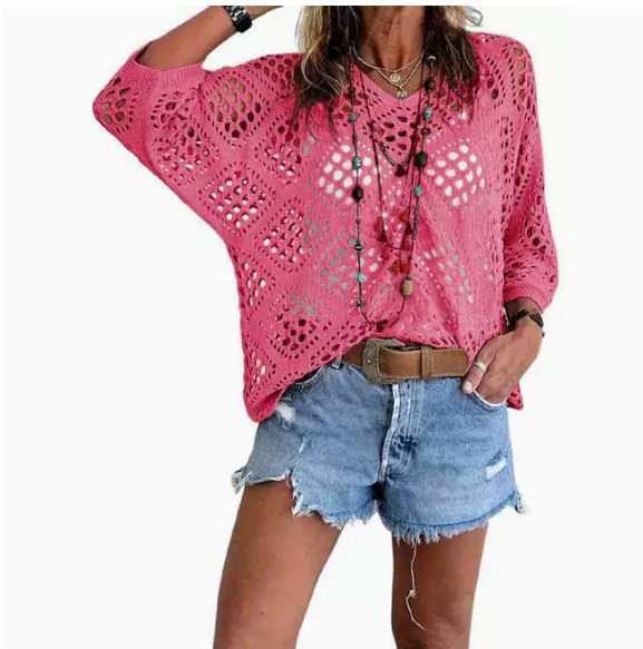 Women's Bohemian-Inspired Beige Crochet Top with V-Neck