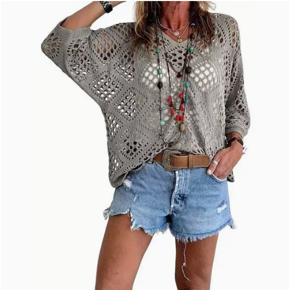 Women's Bohemian-Inspired Beige Crochet Top with V-Neck
