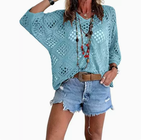 Women's Bohemian-Inspired Beige Crochet Top with V-Neck