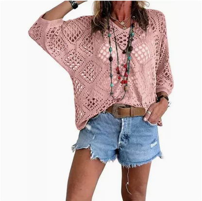 Women's Bohemian-Inspired Beige Crochet Top with V-Neck