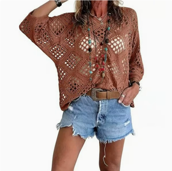 Women's Bohemian-Inspired Beige Crochet Top with V-Neck