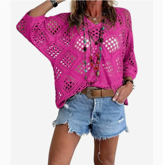 Women's Bohemian-Inspired Beige Crochet Top with V-Neck