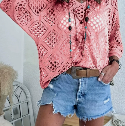 Women's Bohemian-Inspired Beige Crochet Top with V-Neck