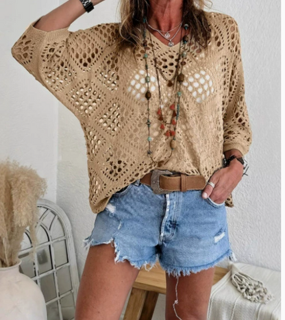 Women's Bohemian-Inspired Beige Crochet Top with V-Neck