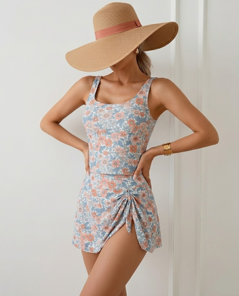 Floral Tankini Swim Dress Two Piece Set