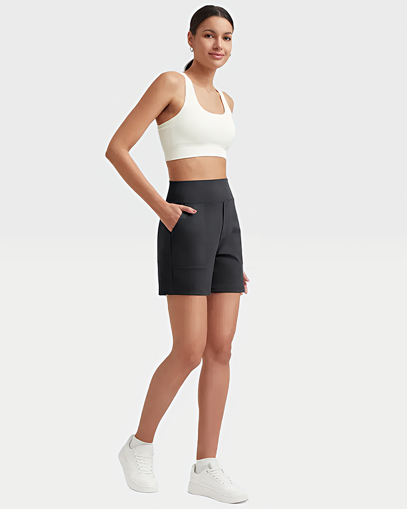 Women High Waist Bermuda Athletic Shorts with Deep Side Pockets